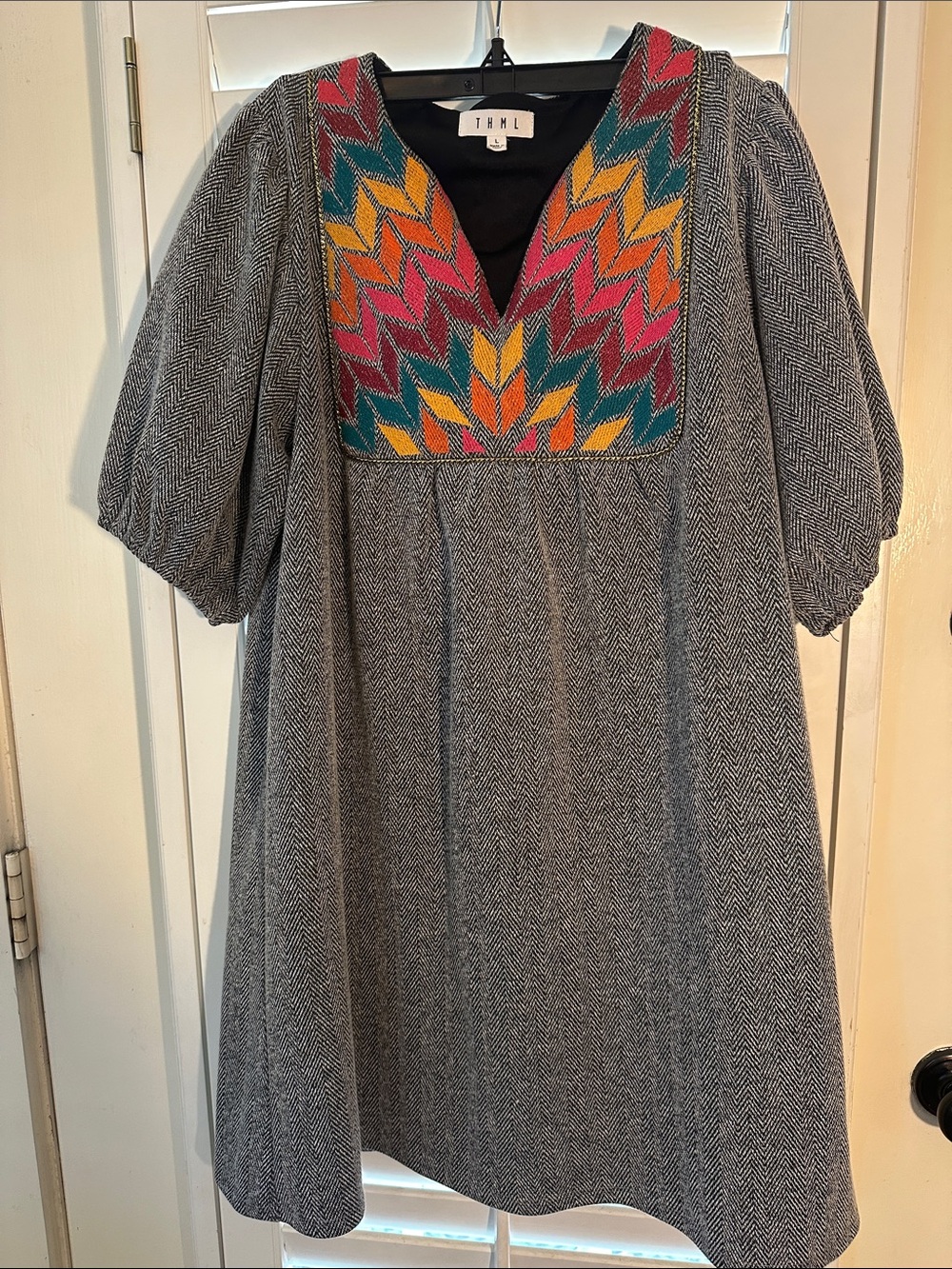 Gray Herringbone Dress with Multicolor Embroidered Yoke THML Large